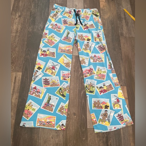Nick & Nora Sock Monkey Tourist Pajama Pants Womens Medium Paris Japan Alamo - Picture 1 of 8